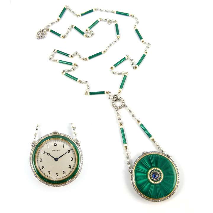 Early 20th century green and white enamel, diamond and sapphire pendant watch